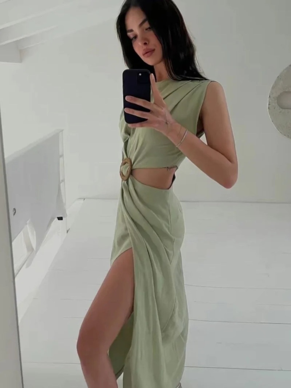 Zara Samara linen buckled cut out midi dress sage small